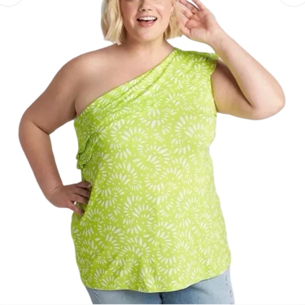 Lane Bryant NWT Vibrant Lime Green and White One Shoulder Ruffled Top Size 22/24